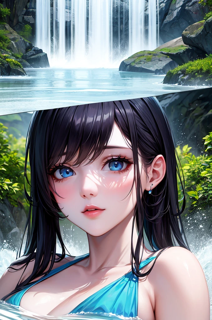 Very beautiful girl happily bathing near a clear and cool waterfall。Pink Skin、blue eyes、Black Hair、Detailed face、Detailed body、realistic model、highly detailed natural landscape、CGI 8K resolution  