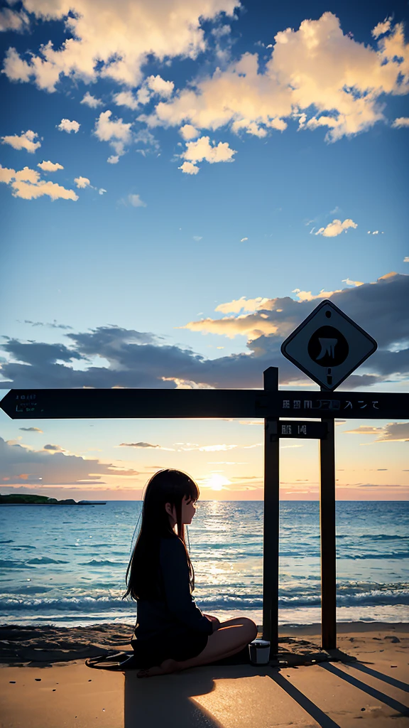 null, star, landscape, morningrynull, morning, girl, morning null, alone, Outdoor, sign, Ocean, cloud, morning日,morning焼け, Sitting, Long Hair, Sandy Beach, silhouette, Ocean岸scape