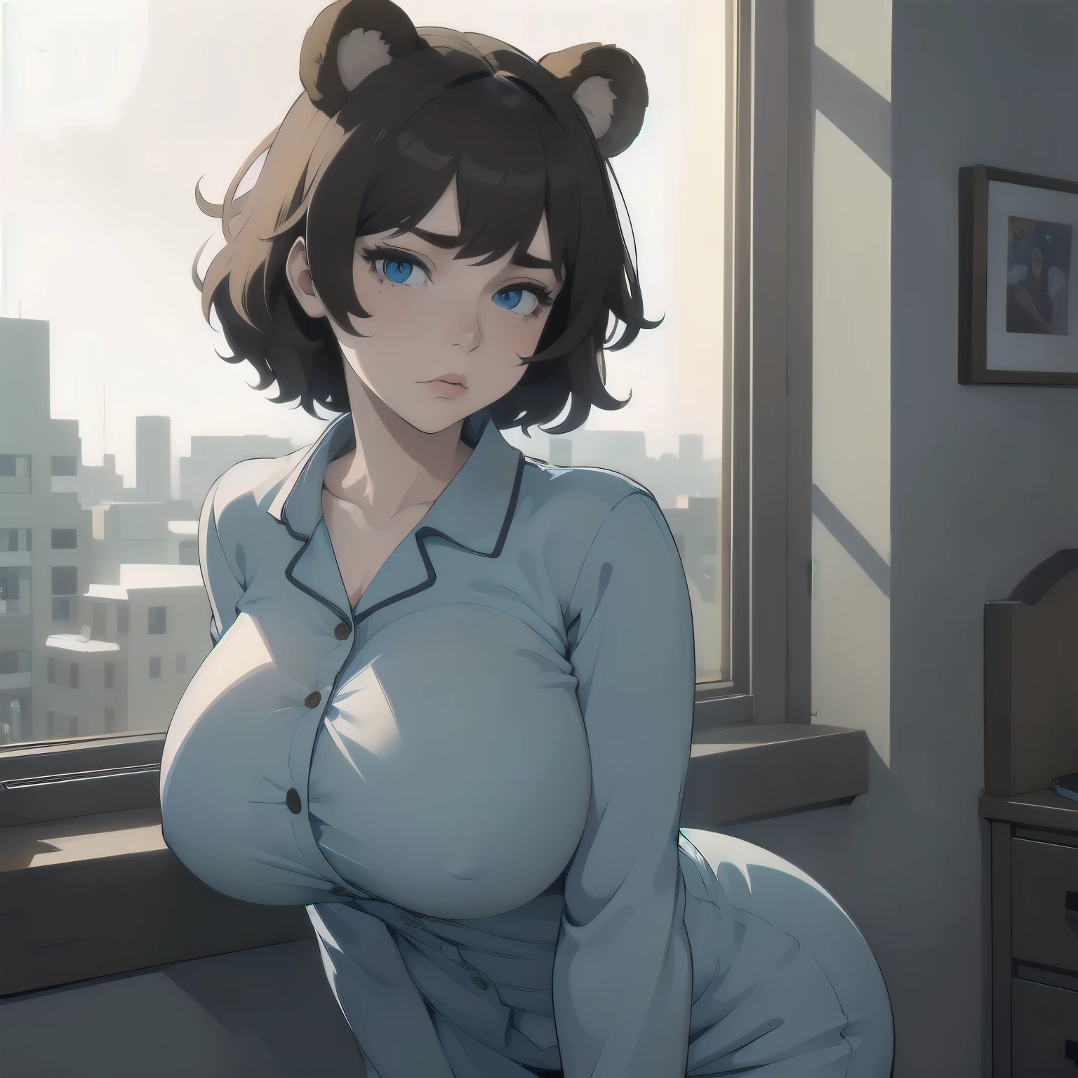 (masterpiece), 1girl, solo, best quality, expressive eyes, perfect face, best quality, kemonomimi, bear ears, animal ears, brown hair, short hair, messy_hair, blue eyes BREAK freckles, huge breasts, hourglass figure, bored face, half closed eyes, :/, standing, blue pajamas, looking at viewer, indoors, bedroom, window, night sky, facing viewer
