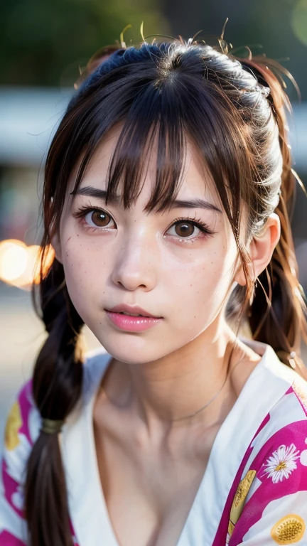 Highest quality, Face Focus, Soft Light, Ultra-high resolution, (Realistic:1.4), RAW Photos,
1 Japanese girl, alone, cute, (pupil, Light in your eyes),  Beautiful face in every detail, (Detailed eye resolution),(High resolution detail of human skin texture),
(forehead、low twintails),Tear bags、
Small breasts、((yukata、Fireworks display))、Rukutama、Open your mouth a little、freckles、Sad smile、cleavage 、
(Portraiture)