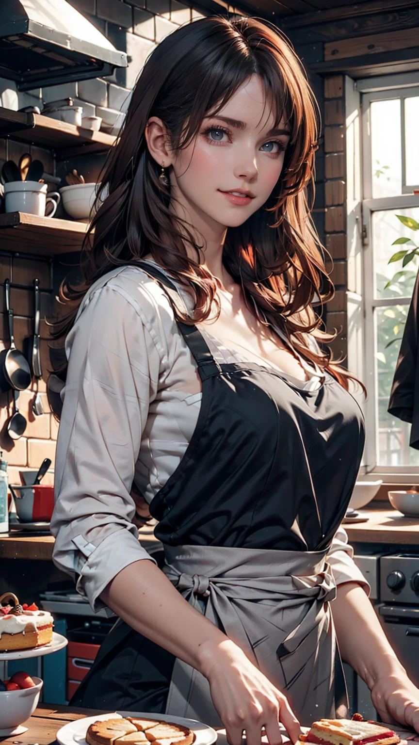 Woman with tattoos, (([red|black] hair)), long hair, wearing a black apron,  cooking, View the viewer, kitchen, Cakes and pies on the background,  indoor, (Calm tone:1.0), (High resolution:1.25), (Art Station:1.2), dramatic, (Intricate details:1.14), (Ultra-realistic 3D rendering:1.16), (Movie:0.55), (Rutkowski:1.1), (Faded:1.3)、24-year-old woman、Sexy proportionature female body、Sexy proportionakeup、Textured skin((textured skin))、smile、Narrow waist