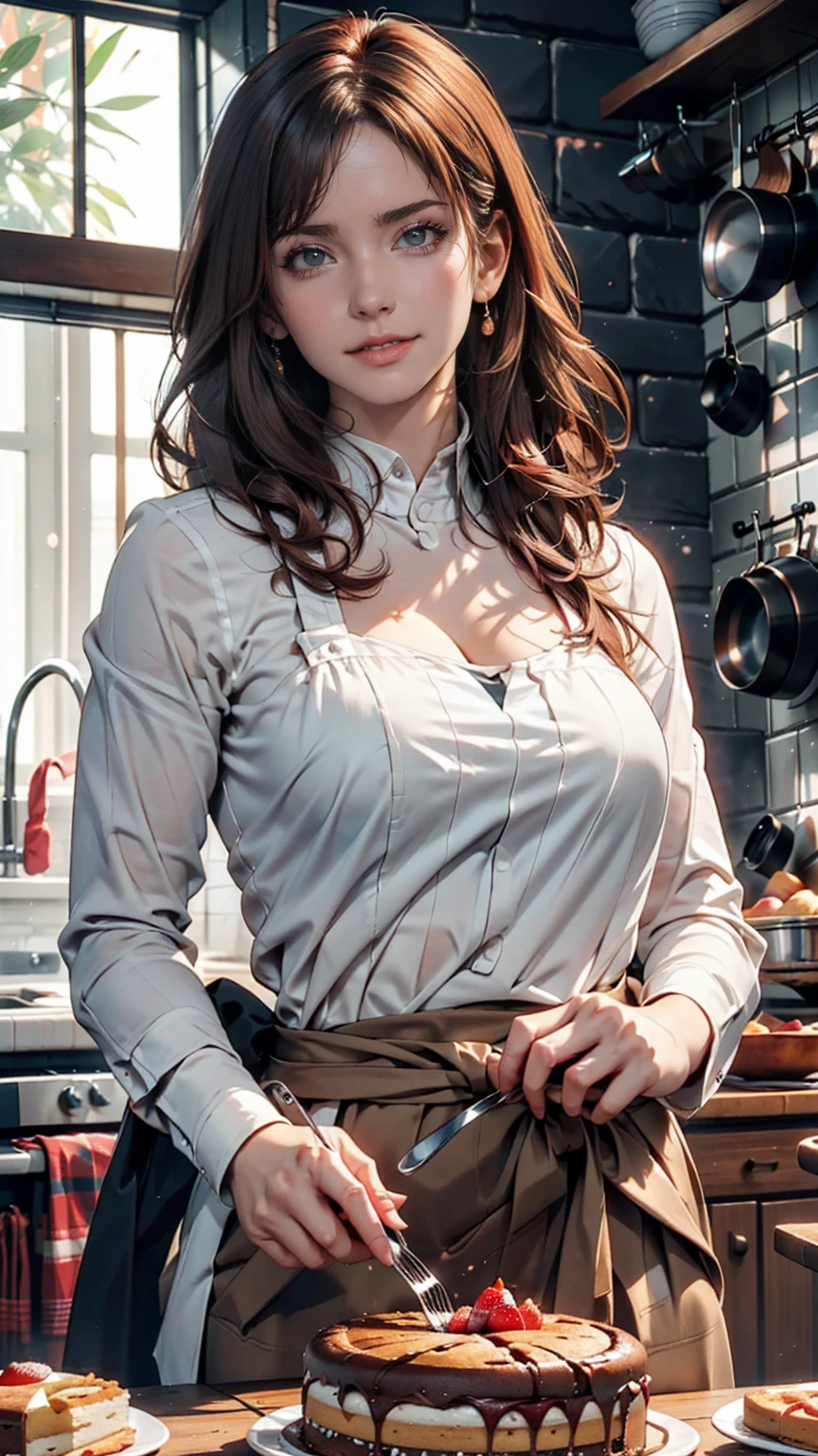 Woman with tattoos, (([red|black] hair)), long hair, wearing a black apron,  cooking, View the viewer, kitchen, Cakes and pies on the background,  indoor, (Calm tone:1.0), (High resolution:1.25), (Art Station:1.2), dramatic, (Intricate details:1.14), (Ultra-realistic 3D rendering:1.16), (Movie:0.55), (Rutkowski:1.1), (Faded:1.3)、24-year-old woman、Sexy proportionature female body、Sexy proportionakeup、Textured skin((textured skin))、smile、Narrow waist