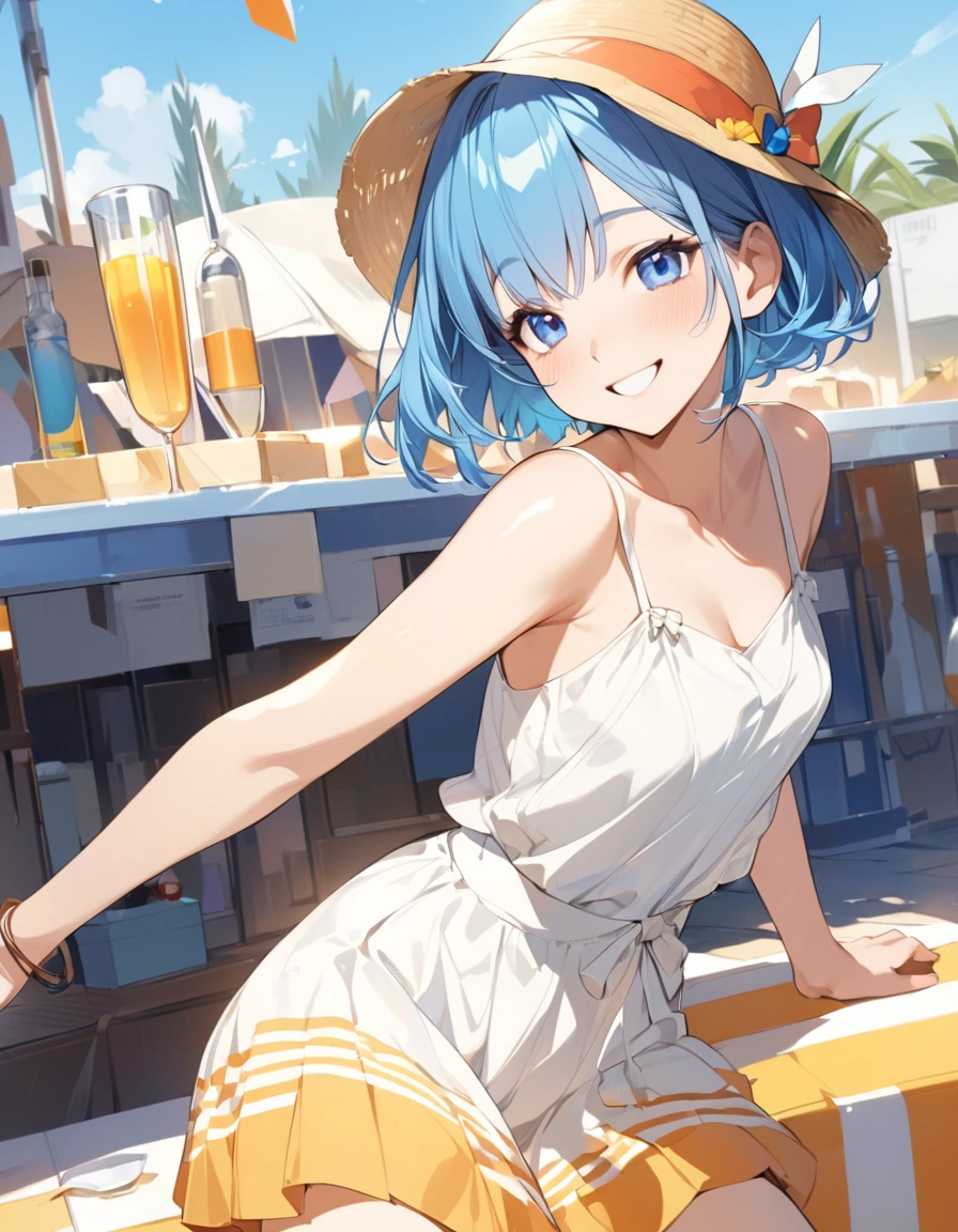 (Top quality illustrations:1.2), (pretty girl:1.1), (1 girl、、Top quality illustrations:1.2), (1 girl、smile、Slightly larger breasts、Kind eyes)、Bright blue hair、Short Bob Hair、Summer fashion、smile