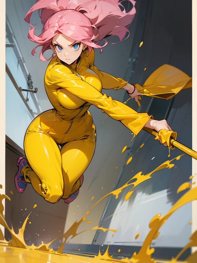 a mature woman , hero pose, big pink hair, shining blue eyes, wearing a mustard yellow jumpsuit. hero pose, big breasts35 years old, running away from an old squeegee, eye on the spectator, look at the camera