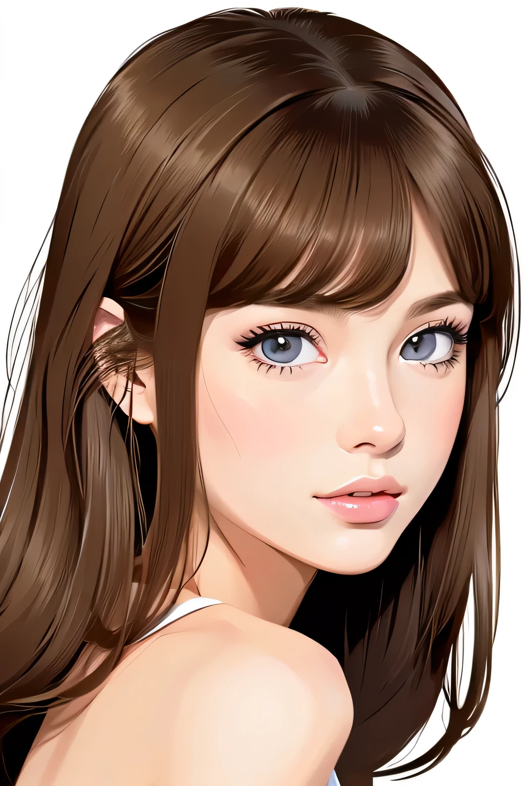 An illustration、29yo,　girl,　Hair color is brown,　big eyey eyes are sharp、cute、beautiful woman、hair is long