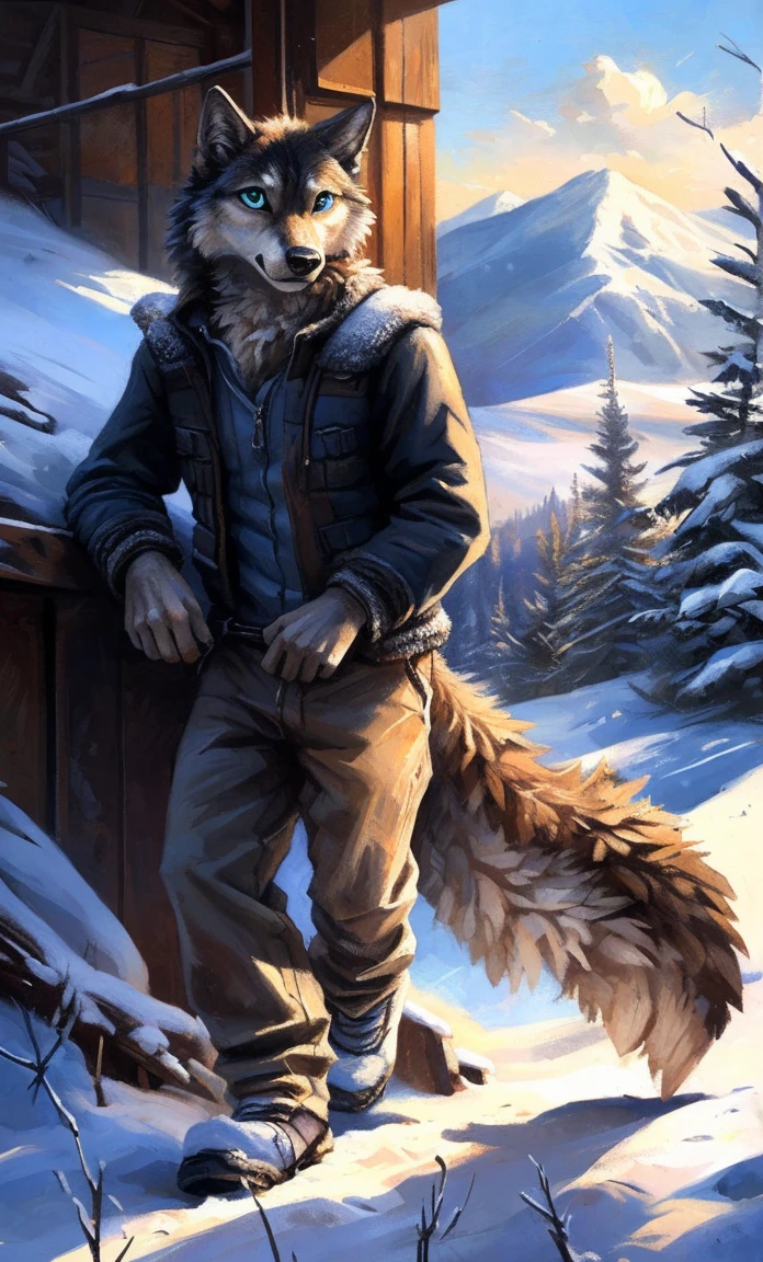 ((Solo)), male people, anthro wolf, (Multi-colored fur, White-brown:1.3,White tail pointed), (Height 2.1m,Tail length 1.2m), ((Wolf face, Big eyes, White eyelids, Blue pupil, Slim:1.2) (Tough, Calm expression:1.2)), Slim, pinging)), (Correct anatomy), (Winter clothing:1.1), The upper body naked, (detailed outfits),A long big tail,Feet,(Realistic fur, Detailed fur texture, labeled:1.3)), (Natural lighting), Photorealistic, Hyperrealistic, ultradetailed, by Kenket,Snowfield,erect through,Running on