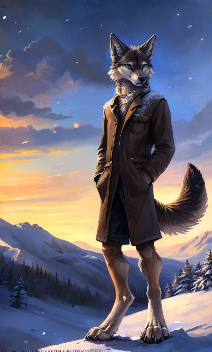 ((Solo)), male people, anthro wolf, (Multi-colored fur, White-brown:1.3,White tail pointed), (Height 2.1m,Tail length 1.2m), ((Wolf face, Big eyes, White eyelids, Blue pupil, Slim:1.2) (Tough, Calm expression:1.2)), Slim, pinging)), (Correct anatomy), (Winter clothing:1.1), The upper body naked, (detailed outfits),A long big tail,Feet,(Realistic fur, Detailed fur texture, labeled:1.3)), (Natural lighting), Photorealistic, Hyperrealistic, ultradetailed, by Kenket,Snowfield,erect through,Running on