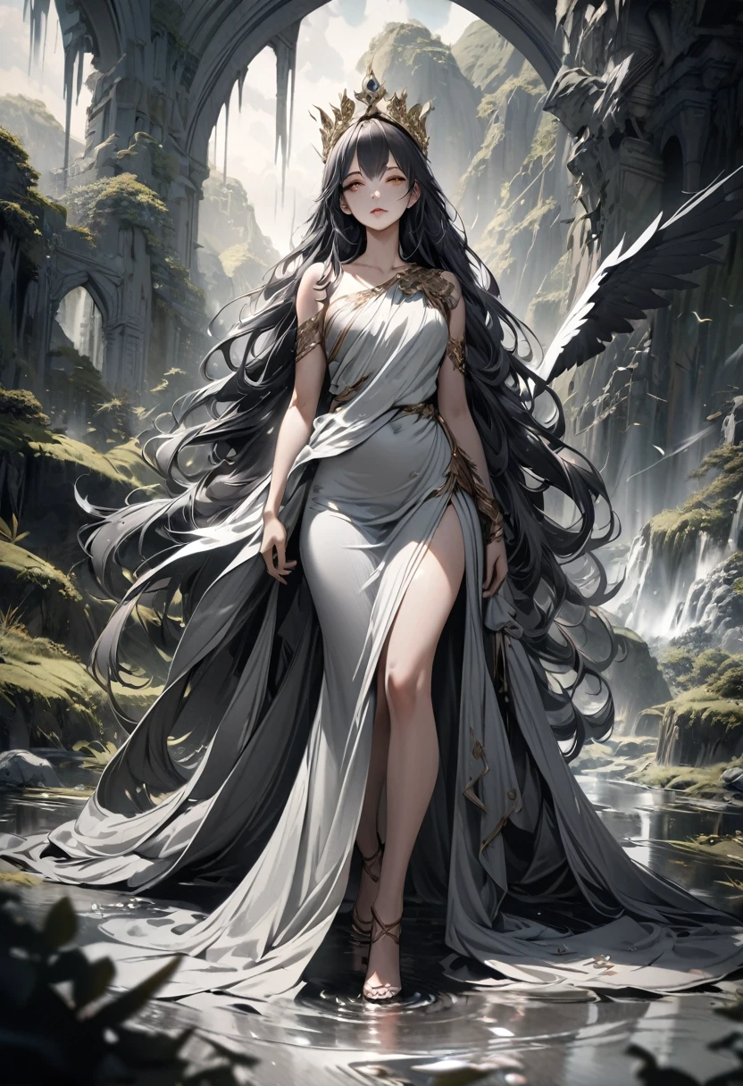 a beautiful fertility goddess,1girl, with beautifully detailed black kite wings, beautiful detailed eyes,beautiful detailed lips,extremely detailed face and features,long flowing hair,intricate golden crown,elegant flowing toga,ethereal glowing aura, fantastical landscape background, dramatic lighting,cinematic composition,fantasy,digital painting,muted color palette,dramatic chiaroscuro,highly detailed,8k,photorealistic,masterpiece