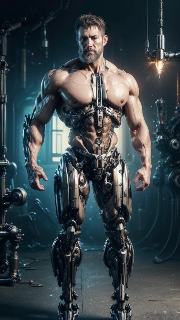 Breathtaking full body photo, full body, broken, (hacked arm: 1.4), front viewer, (Looking at viewer: 1.4), dynamic pose, reelmech, (mechanical parts: 1.5), missing parts, dirty, oil leak, (damaged: 1.3), 45 year old man with large full beard, athletic skin face, damaged skin eye socket, damaged skin cheek, work of art, award winning, professional, highly detailed