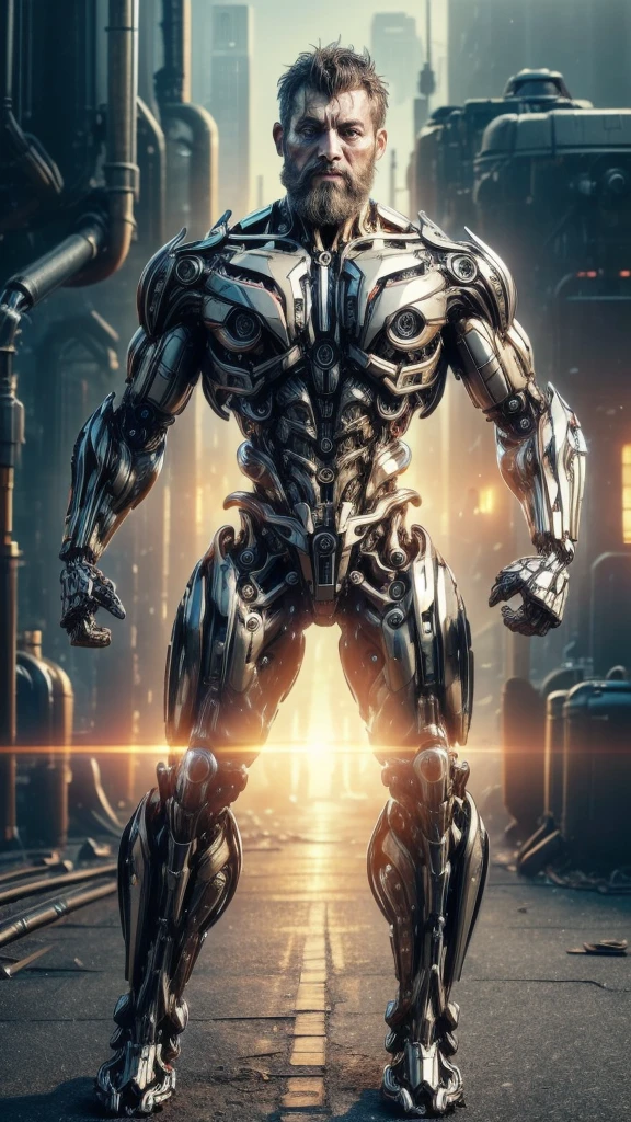 Breathtaking full body photo, full body, broken, (hacked arm: 1.4), front viewer, (Looking at viewer: 1.4), dynamic pose, reelmech, (mechanical parts: 1.5), missing parts, dirty, oil leak, (damaged: 1.3), 45 year old man with large full beard, athletic skin face, damaged skin eye socket, damaged skin cheek, work of art, award winning, professional, highly detailed