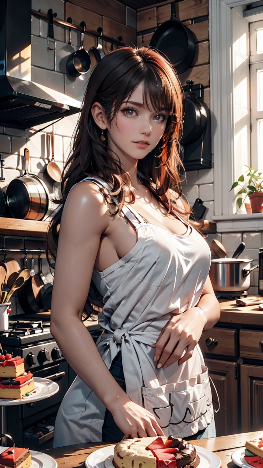 Woman with tattoos, (([red|black] hair)), long hair, wearing a black apron,  cooking, View the viewer, kitchen, Cakes and pies on the background,  indoor, (Calm tone:1.0), (High resolution:1.25), (Art Station:1.2), dramatic, (Intricate details:1.14), (Ultra-realistic 3D rendering:1.16), (Movie:0.55), (Rutkowski:1.1), (Faded:1.3)、24-year-old woman、Sexy proportionature female body、Sexy proportionakeup、Textured skin((textured skin))、smile、Narrow waist