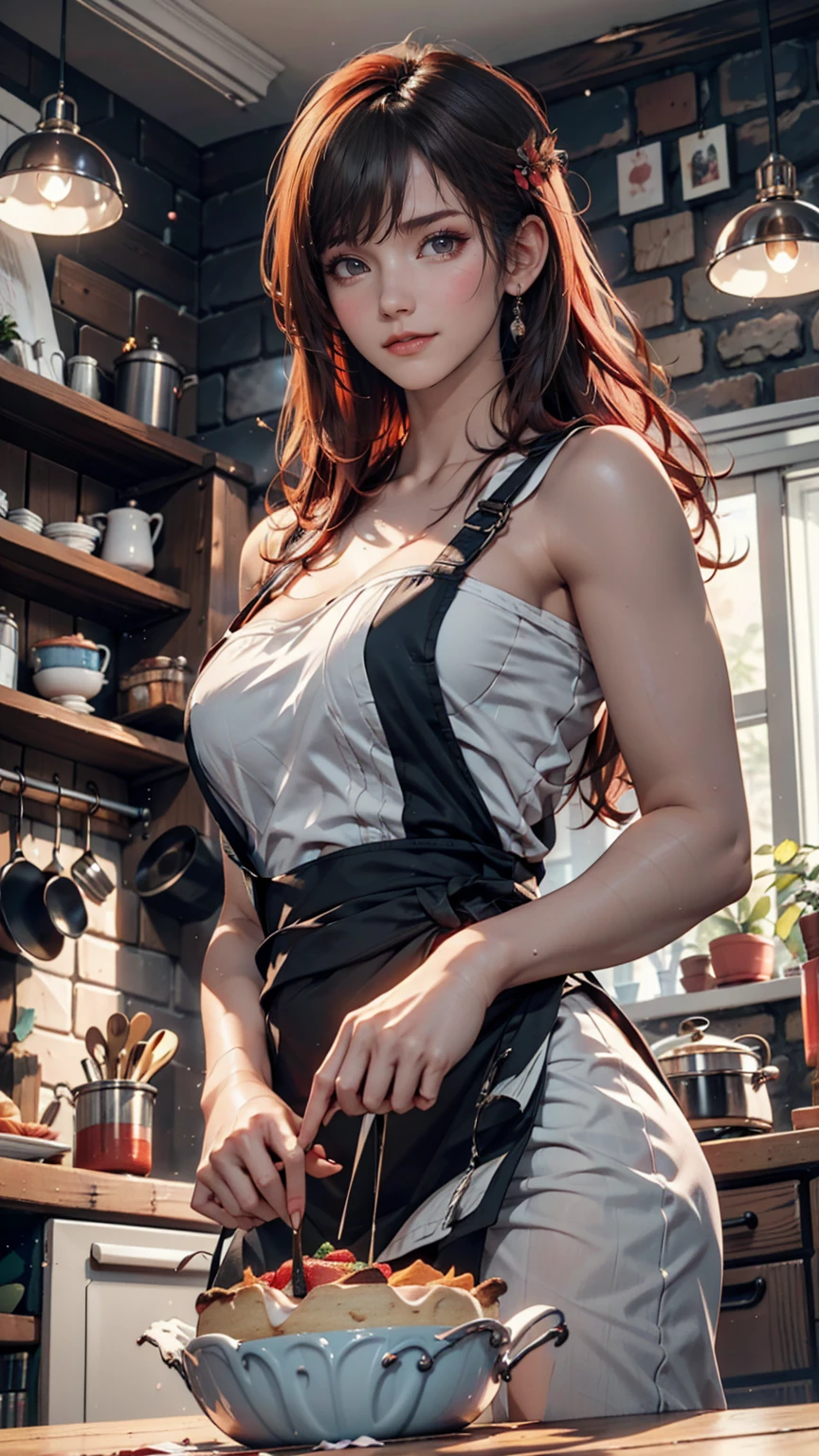 Woman with tattoos, (([red|black] hair)), long hair, wearing a black apron,  cooking, View the viewer, kitchen, Cakes and pies on the background,  indoor, (Calm tone:1.0), (High resolution:1.25), (Art Station:1.2), dramatic, (Intricate details:1.14), (Ultra-realistic 3D rendering:1.16), (Movie:0.55), (Rutkowski:1.1), (Faded:1.3)、24-year-old woman、Sexy proportionature female body、Sexy proportionakeup、Textured skin((textured skin))、smile、Narrow waist