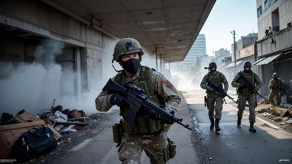 Create a high-resolution 4K image using a realistic engine that depicts a group of soldiers in an intense urban combat scenario, reminiscent of games like Call of Duty: Modern Warfare and Call of Duty: Black Ops. The scene should feature several soldiers equipped with modern military gear, including helmets, night vision goggles, tactical vests, and rifles. The soldiers should be dressed in camouflage uniforms suitable for urban warfare.
Position the soldiers as if they are moving cautiously through a war-torn urban area, with damaged concrete walls and rubble in the background. Some soldiers should be aiming their weapons forward, suggesting they are in the midst of a firefight or preparing for one. The body language and positioning should indicate coordination and training. Ensure that the faces of the characters are not visible, using black masks or other tactical gear to obscure their identities.
Ensure the visual quality is 4K ULTRA HD, with realistic textures and detailed character models. The lighting should be lifelike, with realistic shadows and highlights that add depth and a three-dimensional feel to the scene. Include subtle visual effects such as smoke and dust to enhance the chaotic and gritty atmosphere of the urban battlefield. The overall image should have a cinematic and action-packed feel."
