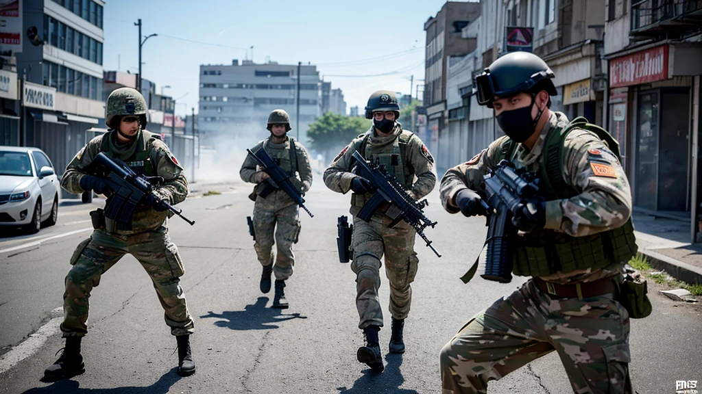 Create a high-resolution 4K image using a realistic engine that depicts a group of soldiers in an intense urban combat scenario, reminiscent of games like Call of Duty: Modern Warfare and Call of Duty: Black Ops. The scene should feature several soldiers equipped with modern military gear, including helmets, night vision goggles, tactical vests, and rifles. The soldiers should be dressed in camouflage uniforms suitable for urban warfare.
Position the soldiers as if they are moving cautiously through a war-torn urban area, with damaged concrete walls and rubble in the background. Some soldiers should be aiming their weapons forward, suggesting they are in the midst of a firefight or preparing for one. The body language and positioning should indicate coordination and training. Ensure that the faces of the characters are not visible, using black masks or other tactical gear to obscure their identities.
Ensure the visual quality is 4K ULTRA HD, with realistic textures and detailed character models. The lighting should be lifelike, with realistic shadows and highlights that add depth and a three-dimensional feel to the scene. Include subtle visual effects such as smoke and dust to enhance the chaotic and gritty atmosphere of the urban battlefield. The overall image should have a cinematic and action-packed feel."