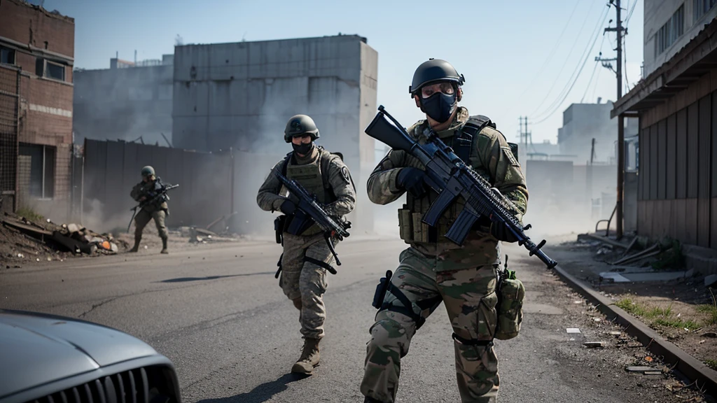 Create a high-resolution 4K image using a realistic engine that depicts a group of soldiers in an intense urban combat scenario, reminiscent of games like Call of Duty: Modern Warfare and Call of Duty: Black Ops. The scene should feature several soldiers equipped with modern military gear, including helmets, night vision goggles, tactical vests, and rifles. The soldiers should be dressed in camouflage uniforms suitable for urban warfare.

Position the soldiers as if they are moving cautiously through a war-torn urban area, with damaged concrete walls and rubble in the background. Some soldiers should be aiming their weapons forward, suggesting they are in the midst of a firefight or preparing for one. The body language and positioning should indicate coordination and training. Ensure that the faces of the characters are not visible, using black masks or other tactical gear to obscure their identities.

Ensure the visual quality is 4K ULTRA HD, with realistic textures and detailed character models. The lighting should be lifelike, with realistic shadows and highlights that add depth and a three-dimensional feel to the scene. Include subtle visual effects such as smoke and dust to enhance the chaotic and gritty atmosphere of the urban battlefield. The overall image should have a cinematic and action-packed feel."