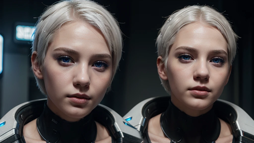 Young girl, white short hair, blue eyes, full lips, highly realistic, Excellent rendering, 4k realistic eyes, realistic face, symmetrical head ai cyberpunk