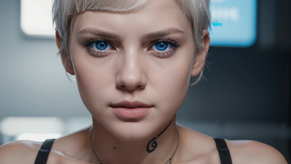 Young girl, white short hair, blue eyes, full lips, highly realistic, Excellent rendering, 4k realistic eyes, realistic face, symmetrical head ai cyberpunk
