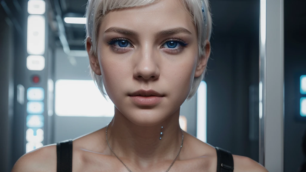 Young girl, white short hair, blue eyes, full lips, highly realistic, Excellent rendering, 4k realistic eyes, realistic face, symmetrical head ai cyberpunk