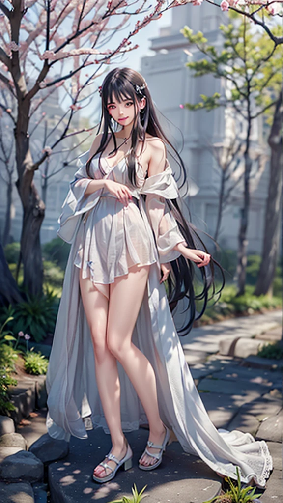 a beautiful young Korean girl with long hair, full body true beauty, 1 girl, standing, enjoying a beautiful day, park, cherry blossoms, cherry trees, spring, soft light, detailed face, beautiful eyes, long eyelashes, beautiful lips , detailed clothing, flowing dress, tranquility, serene, photorealistic, (best quality, 8k, high resolution, masterpiece: 1.2), ultra detailed, (realistic, photorealistic, photorealistic: 1.37), HDR, studio lighting, vivid colors, warm color palette, natural light, magical