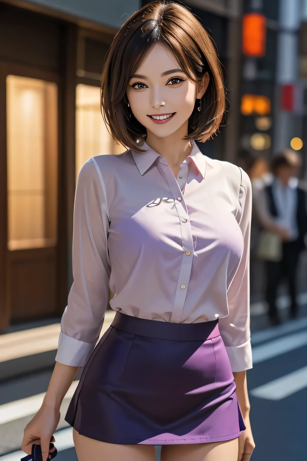 (Photorealistic:1.4), (Very detailed), (Highest quality), (Best Shadow), (masterpiece), Ultra-high resolution, 1 The Ultimate Beautiful Mature Woman, Very detailed顔, (Perfect Teeth), Beautiful Eyes, double eyelid, eyelash, Lip details, Short black hair, (Light purple blouse:1.2), (Red tight mini skirt:1.3), Light pink panties, (Big Breasts), smile, Thighs, Written boundary depth, Perfect lighting, With background: (Tokyo Ginza Street)