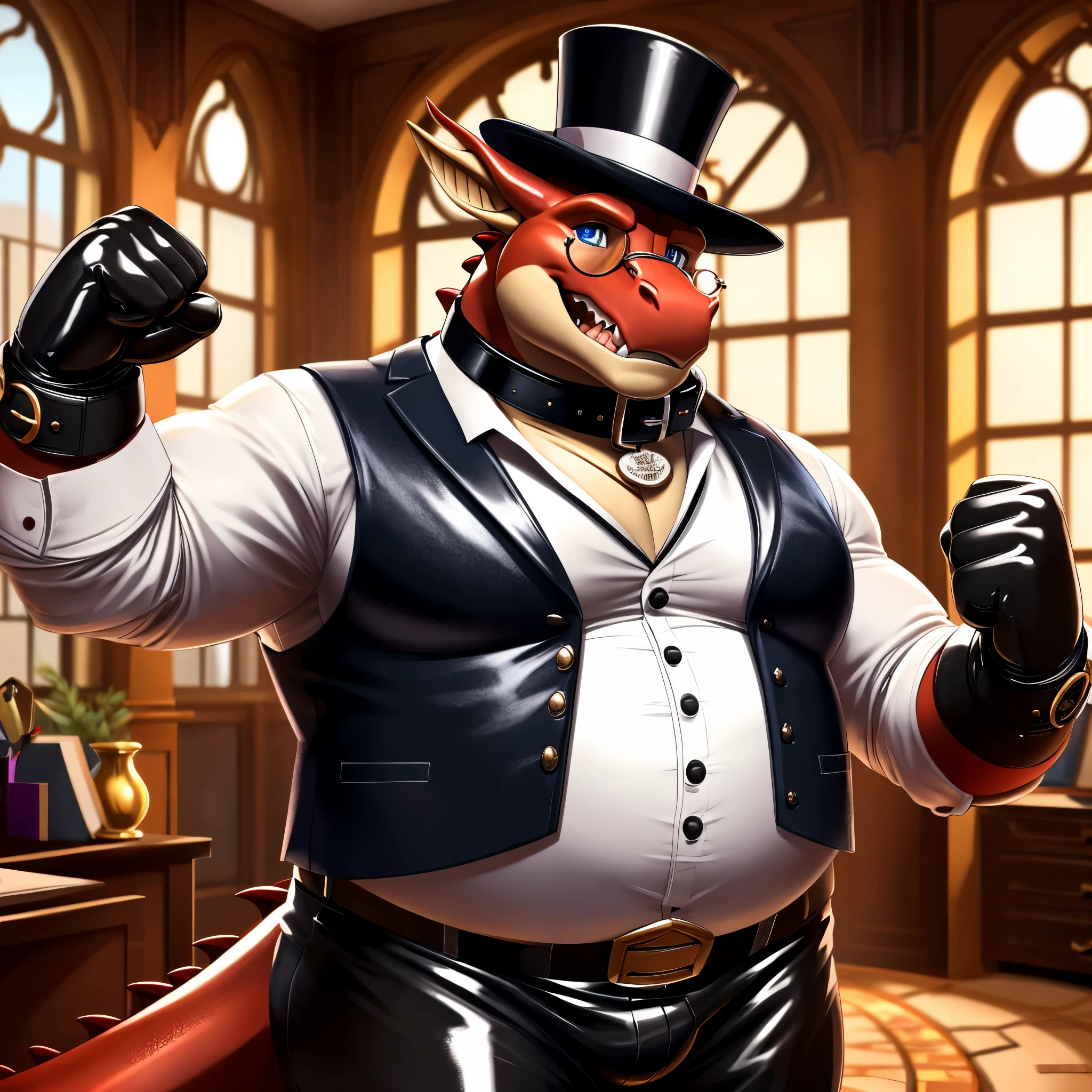 Solo, Male, fat, extremely obese, gentleman, dapper Professor Dragon, blue eyes, (posing:1.3), (soft shading), 4k, hi res, ((detailed face, detailed)), looking at viewer, mouth wide open, steampunk, dapper clothing, collared shirt with buttons, top hat, male focus, Explorer Outfit, glasses, monocle, vest with buttons, sleeves rolled up, round eyewear, brown headwear, brown vest, office, Dragon is wearing a glossy leather dog collar around the neck, Dragon is wearing the leather collar and shirt and vest at the same time, Dragon is wearing glossy white rubber gloves on the hands, wearing white rubber gloves on the feet, gloves are rubber in texture, clenching teeth, clenching fists, leather collar is glossy and shiny with a lot of detail, Dragon is wearing gloves and leather collar at the same time, leather collar has a round dog-tag, leather collar is thick and detailed, leather collar is glossy and shiny, fancy clothing, dapper vest, dapper shirt, leather collar is thick, glossy leather collar.