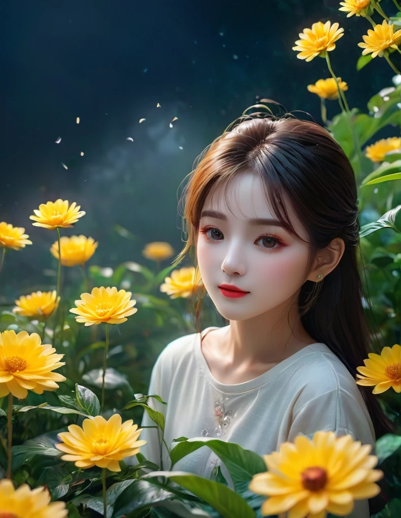 quality(Wallpaper 8k ของหน่วย CG ที่มีรายละเอียดมาก, Masterpiece, high resolution, top-quality, top-quality real texture skin,Too realistic, digital painting,Increase resolution,RAW photos，qualityที่ดีที่สุด,Highly detailed,Wallpaper),Take a break,8ก, half face, quality(Wallpaper 8k ของหน่วย CG ที่มีรายละเอียดมาก, Masterpiece, high resolution, top-quality, top-quality real texture skin,Too realistic, digital painting,Increase resolution,RAW photos，qualityที่ดีที่สุด,Highly detailed,Wallpaper),Take a break,8ก, nighttime , yellow glowing flower, fog, The girls are quiet among the flowers. 