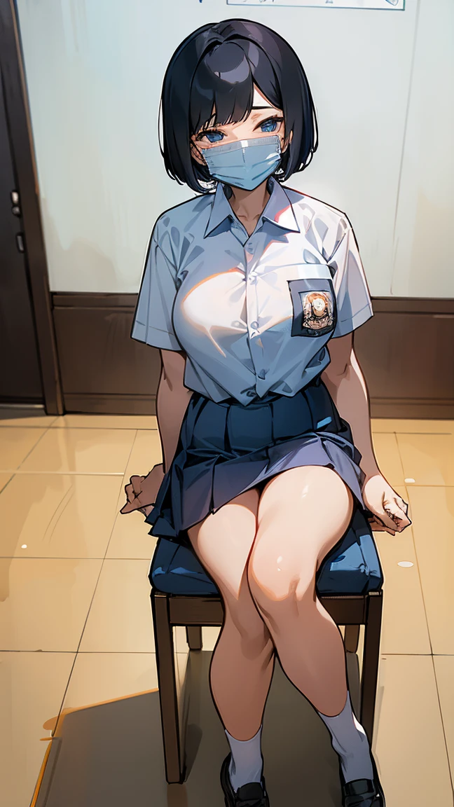 1 woman, , (Short Layered Bob haircut, black hair), scared face expression, plump body, blue eyes, Indonesian high-school uniform, (wearing transparent white shirt, showing bra), osis logo on shirt pocket, huge XL breasts, lig pleated skirt, sitting on a chair, seductive pose, full body shot, smiling, in the classroom, wearing a mask (white surgical mask, surgical mask fit his face:1.2).