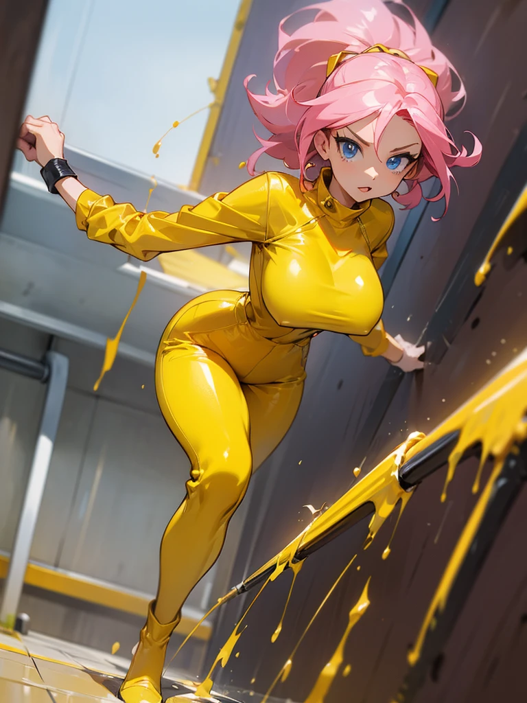 a mature woman , hero pose, big pink hair, shining blue eyes, wearing a mustard yellow jumpsuit. hero pose, big breasts35 years old, running away from an old squeegee, looking at the camera