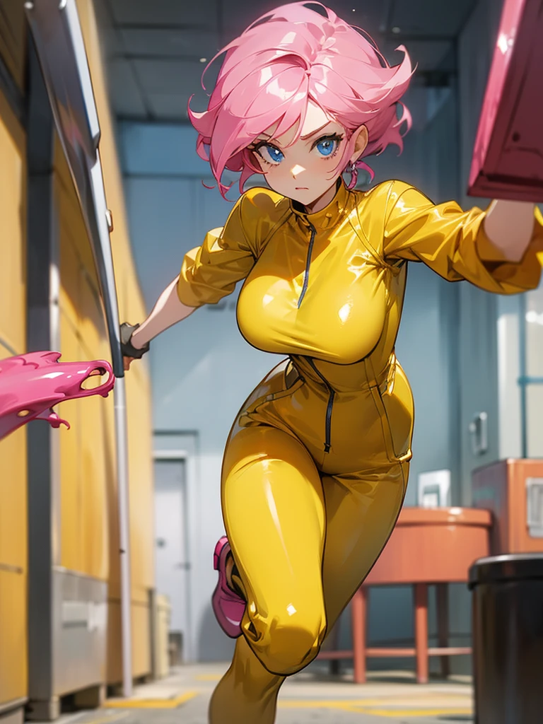 a mature woman , hero pose, big pink hair, shining blue eyes, wearing a mustard yellow jumpsuit. hero pose, big breasts35 years old, running away from an old squeegee, looking at the camera