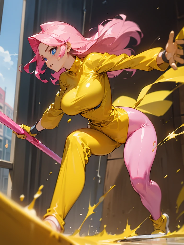 a mature woman , hero pose, big pink hair, shining blue eyes, wearing a mustard yellow jumpsuit. hero pose, big breasts35 years old, running away from an old squeegee, looking at the camera