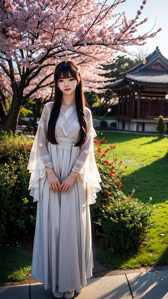 a beautiful young Korean girl with long hair, full body true beauty, 1 girl, standing, enjoying a beautiful day, park, cherry blossoms, cherry trees, spring, soft light, detailed face, beautiful eyes, long eyelashes, beautiful lips , detailed clothing, flowing dress, tranquility, serene, photorealistic, (best quality, 8k, high resolution, masterpiece: 1.2), ultra detailed, (realistic, photorealistic, photorealistic: 1.37), HDR, studio lighting, vivid colors, warm color palette, natural light, magical

