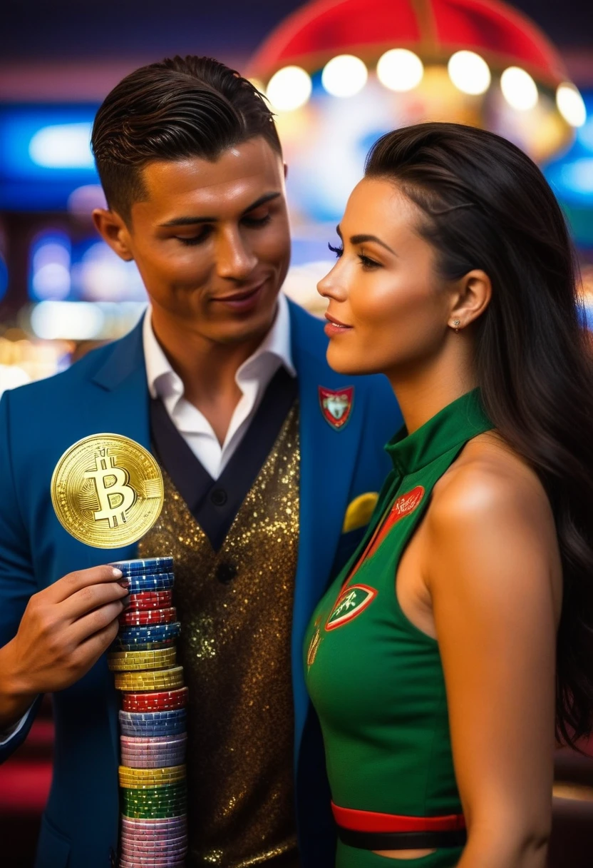 Woman and man playing in a themed casino decorated with football style and football team brands and cr7 ronaldo coins swallow style