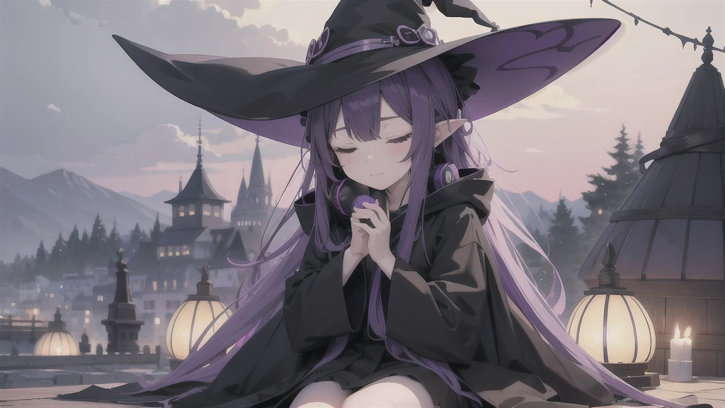 1 person. Anime girl with long purple hair and black robe. Pointy ears. Cute as in manga. Sitting with eyes closed. Headphones. Witch hat on the ground.