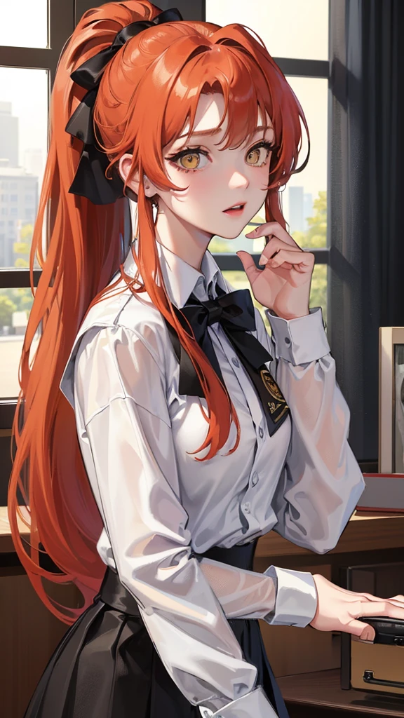 (Top resolution、Distinct_image)top-quality、(A girl) 、masterpiece、highly detailed, half body, Semi-realistic、yellow eyes 、18year old, ginger hair ,young 、Exquisite facial features、Facial features ,variation potrait, long ponytail hairstyles, , teenage, cool , cold sharp eyes, , {Very detailed 8k CG unit wallpaper}, students, whit oversized shirt , black tie, music classroom, red bass at the background