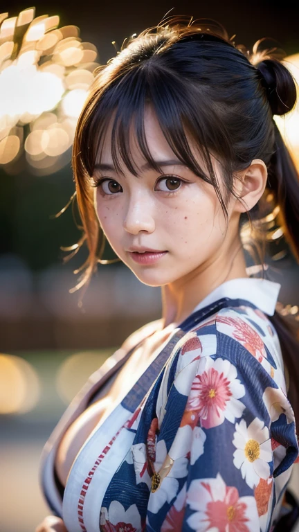 Highest quality, Face Focus, Soft Light, Ultra-high resolution, (Realistic:1.4), RAW Photos,
1 Japanese girl, alone, cute, (pupil, Light in your eyes),  Beautiful face in every detail, (Detailed eye resolution),(High resolution detail of human skin texture),
(forehead、low twintails),Tear bags、
Small breasts、((yukata、Fireworks display))、Rukutama、Open your mouth a little、freckles、Sad smile、cleavage 、From below、Low - Angle、
(Portraiture)