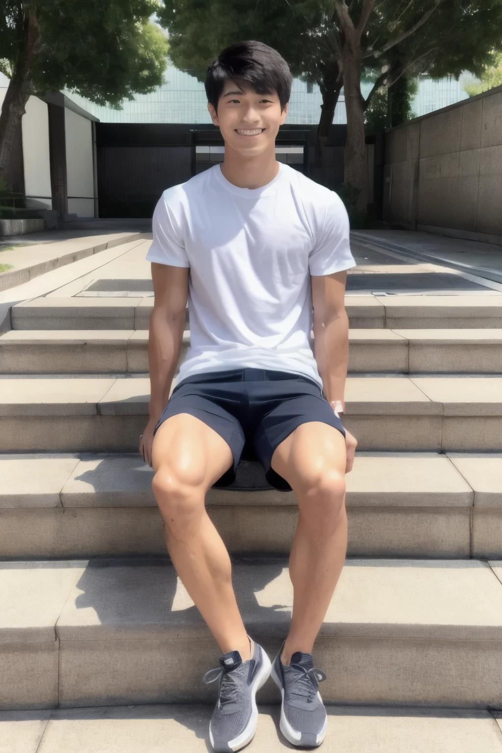 Japanese, male, university student, Wearing shorts, Sitting, Muscular, ((full body)), (super sharp focus), smile, Anatomically correct, Overlooking,