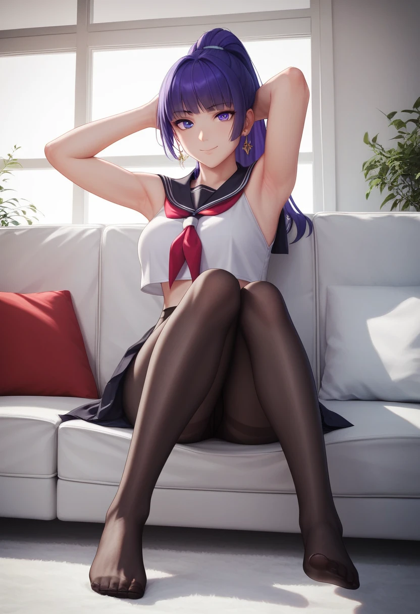 masterpiece:1.2, best quality, ((ultra detailed)), high resolution, 2d, anime style , photo, photography, detailed background,a cute girl, raiden mei, (pantyhose),full body,looking at viewer,light smile, earrings, sitting,from below, on couch, windows,serafuku,black thights,cropped tops,((black sailor uniform)),ribbon,ponytail, armpits