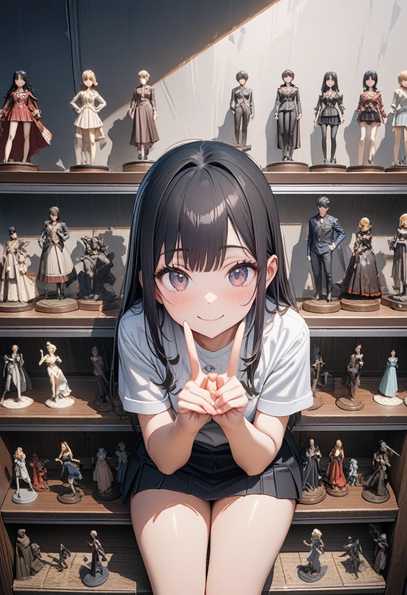 Not suitable for the public, ​masterpiece, extremely detail, 8k, best quality, novel illustration, 1 girl,  figure, , yo, mini skirt, Ultra Detailed Face, black hair, Sweet Eyes, naive, White socks, Black slippers, Cowboy-shot, smile, white panties, Sit with your knees raised, Hand peace sign, straight-on