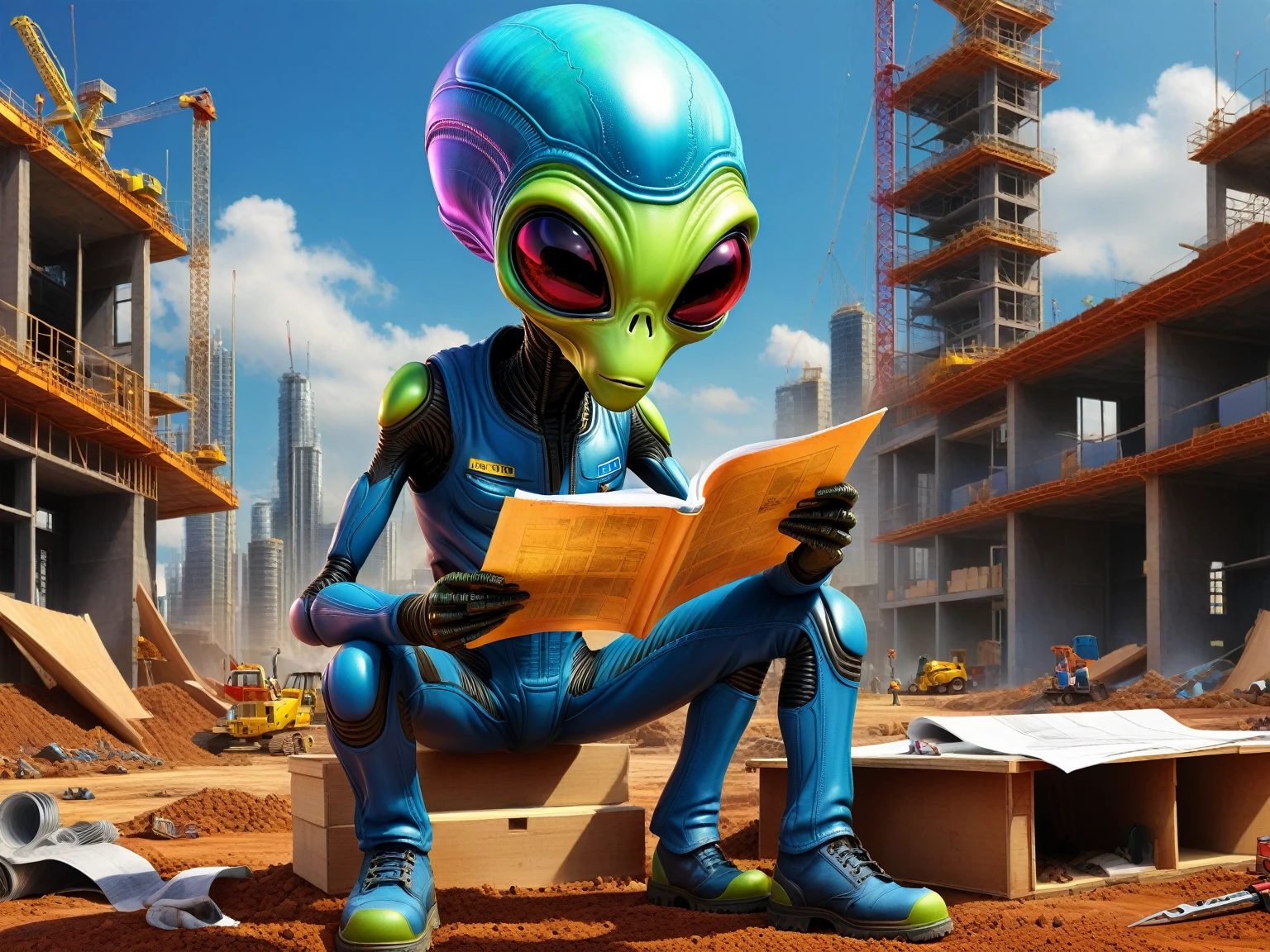 a wide shot of an alien reading a blueprint; idea; very detailed, alien talking on a cell phone; details; background with building under construction, humanoid with an idea, alien having an idea, full body, very colorful, realistic, with details, seen from the front, very colorful, real look, animated, having an idea, clear image, Brazilian alien, eyes detailed, holding pliers, happy, intense look, intense image, striking colors, digital art, realistic style, very detailed, positive colors, construction uniform, worker clothes, wearing a safety helmet, wearing safety boots, wearing ear protection , happy image,