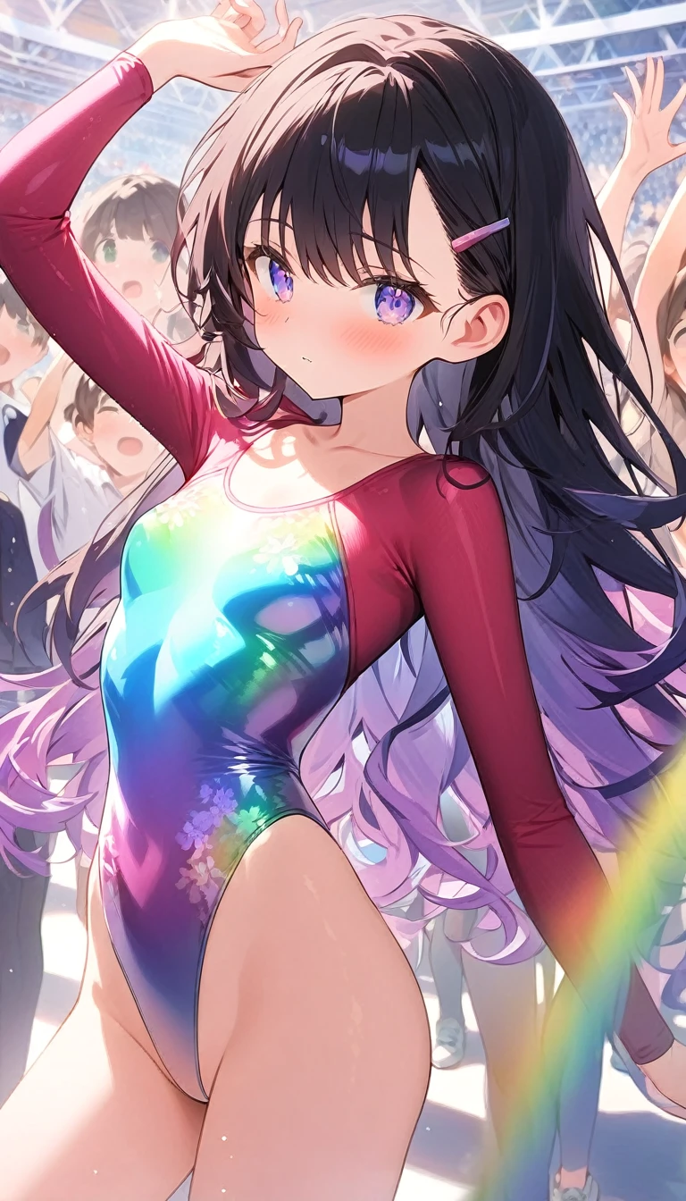 highquality illustration, masterpiece, very delicate and beautiful, attractive girl,((gymnastics leotard,tight-fit
 leotard,long sleeve leotard,long_sleeve leotard,high_leg leotard,athletic leotard,floral patterns leotard,iridescent gradient leotard)), audience reactions,thin,slender body,slim,high school,gymnasium,gymnastics club,beautiful eyes,(masterpiece, best quality:1.2), highres, extremely detailed CG unity 8k wallpaper, perfect lighting, Colourful, ultra-high res,4K,ultra-detailed, photography, 8K, HDR,  17 ages,cowboy shot,