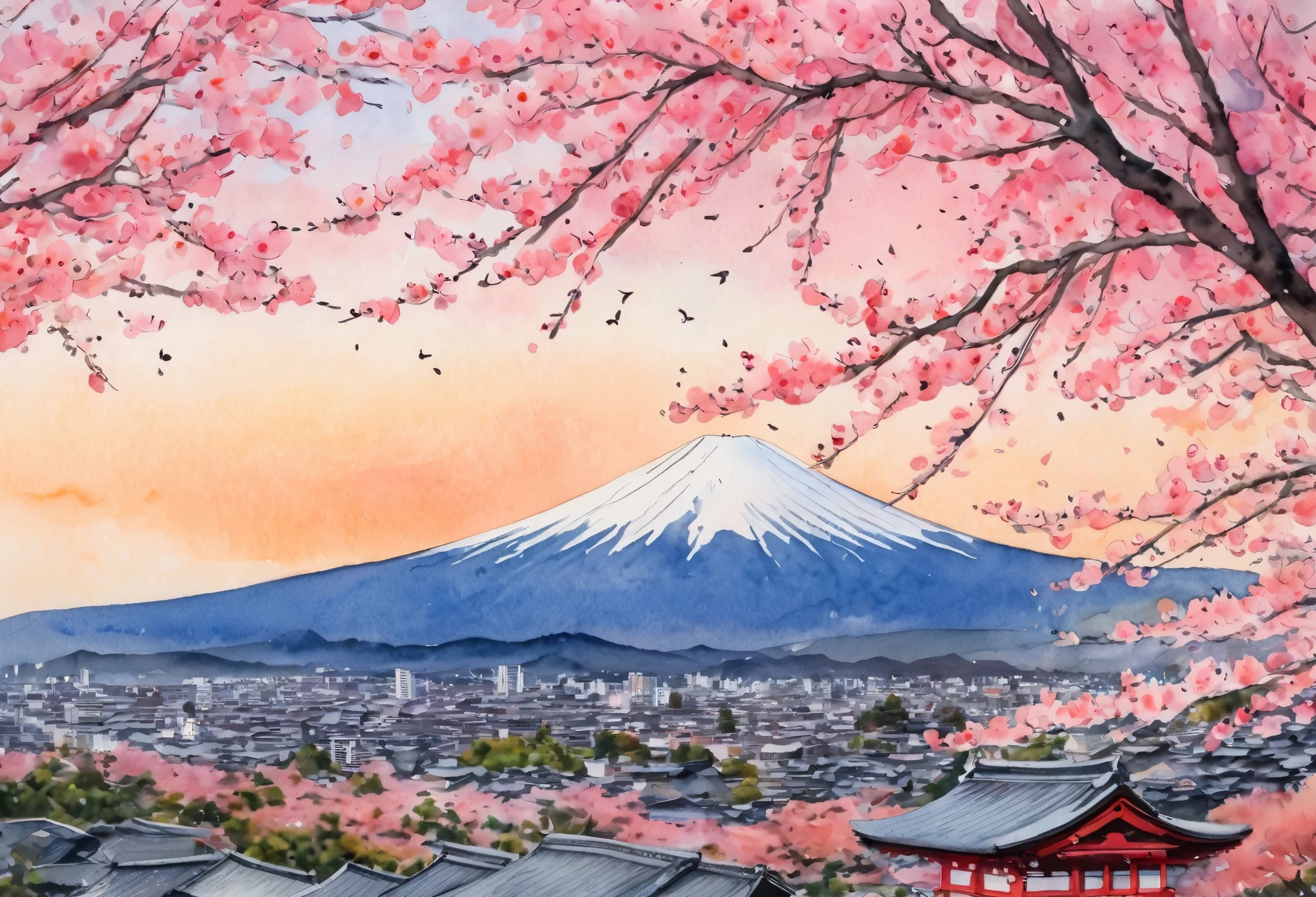 (Cherry blossom :1.5), (ink and watercolor painting:1.5), (Tasteful:1.5), (ink and watercolor painting:1.5), (full color:1.5), 8k, 4k, (landscapes:1.5),(cherry blossom trees:1.5),(wind:1.5),(flying cherry blossom petals:1.5),(kyoto:1.5),(pink theme:1.5),mount fuji in background 