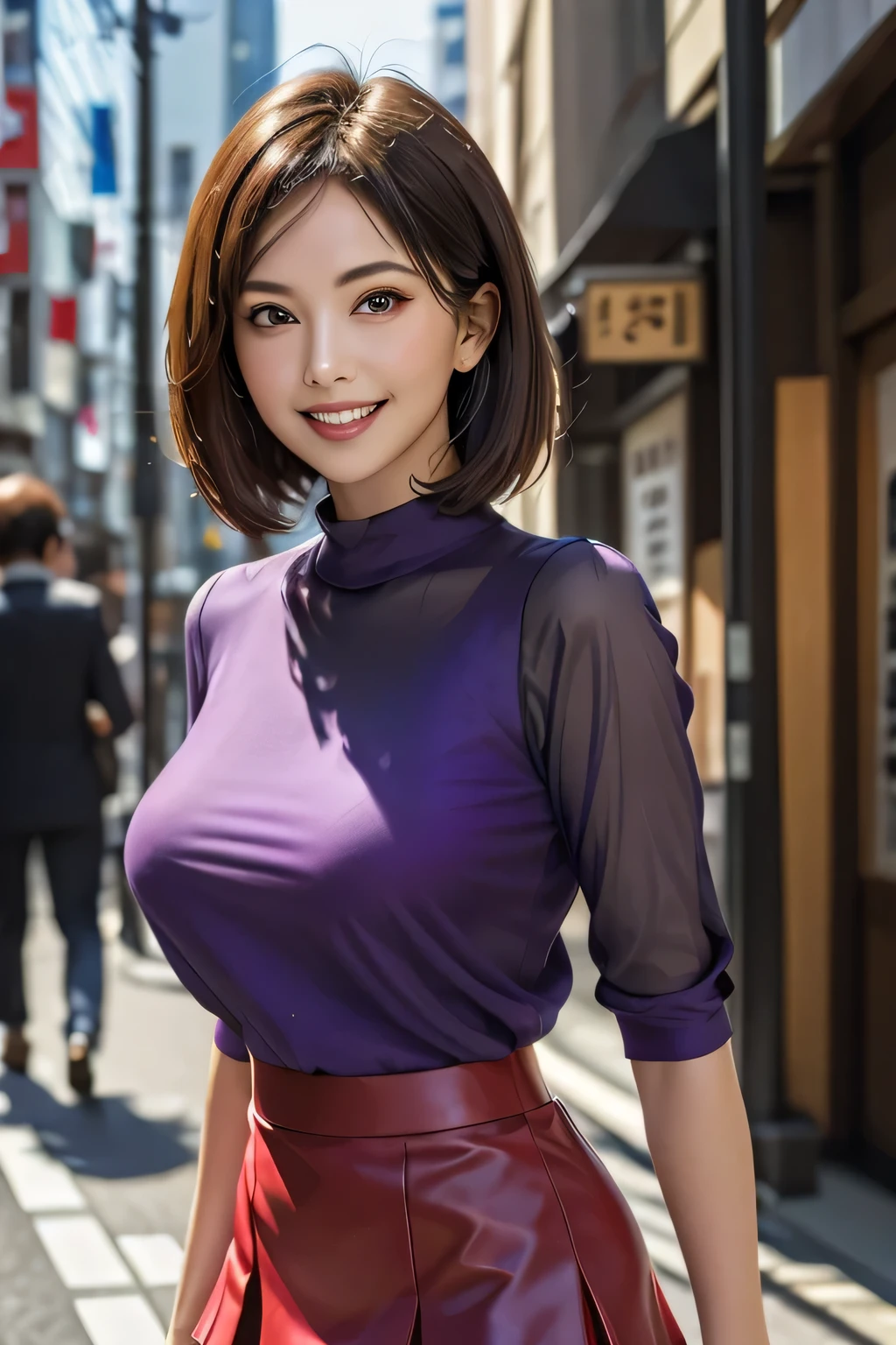(Photorealistic:1.4), (Very detailed), (Highest quality), (Best Shadow), (masterpiece), Ultra-high resolution, 1 The Ultimate Beautiful Mature Woman, Very detailed顔, (Perfect Teeth), Beautiful Eyes, double eyelid, eyelash, Lip details, Short black hair, (Light purple blouse:1.2), (Red tight mini skirt:1.3), Light pink panties, (Big Breasts), smile, Thighs, Written boundary depth, Perfect lighting, With background: (Tokyo Ginza Street)