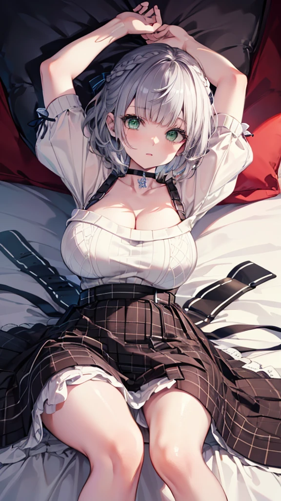 (best quality:1.2), (ultra detailed:1.2),(masterpiece:1.2),(8k:1.2),(ccnoel, short hair, french braid, hair ribbon, green eyes, black choker, collarbone, cleavage, off-shoulder sweater, white sweater, plaid skirt),(Blessed,Captivating body、Ultra-detailed eyes、Ultra-detailed skin、ultra-detailed face,Detailed Background),One Girl、(bedroom,lie down ,arms up:1.5)