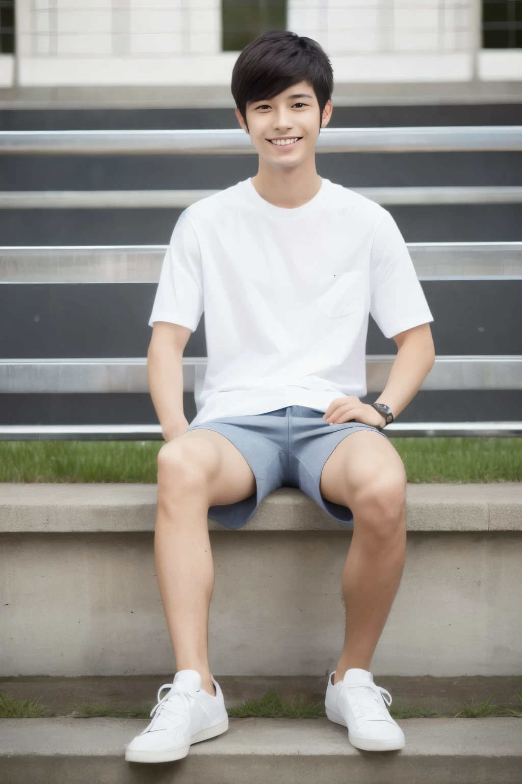 Japanese, male, university student, Wearing shorts, Sitting, ((full body)), (super sharp focus), smile, Anatomically correct, Overlooking, 
