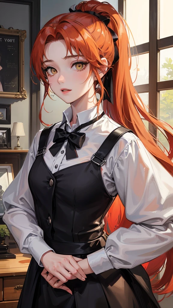 (Top resolution、Distinct_image)top-quality、(A girl) 、masterpiece、highly detailed, half body, Semi-realistic、yellow eyes 、18year old, ginger hair ,young 、Exquisite facial features、Facial features ,variation potrait, long ponytail hairstyles, , teenage, cool , cold sharp eyes, , {Very detailed 8k CG unit wallpaper}, students, whit oversized shirt , black tie, music classroom, red bass at the background