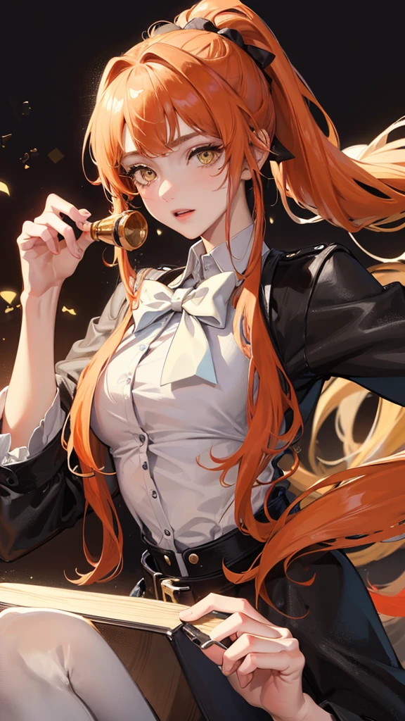 (Top resolution、Distinct_image)top-quality、(A girl) 、masterpiece、highly detailed, half body, Semi-realistic、yellow eyes 、18year old, ginger hair ,young 、Exquisite facial features、Facial features ,variation potrait, long ponytail hairstyles, , age, cool , cold sharp eyes, , {Very detailed 8k CG unit wallpaper}, students, whit oversized shirt , black tie, music classroom, red bass at the background