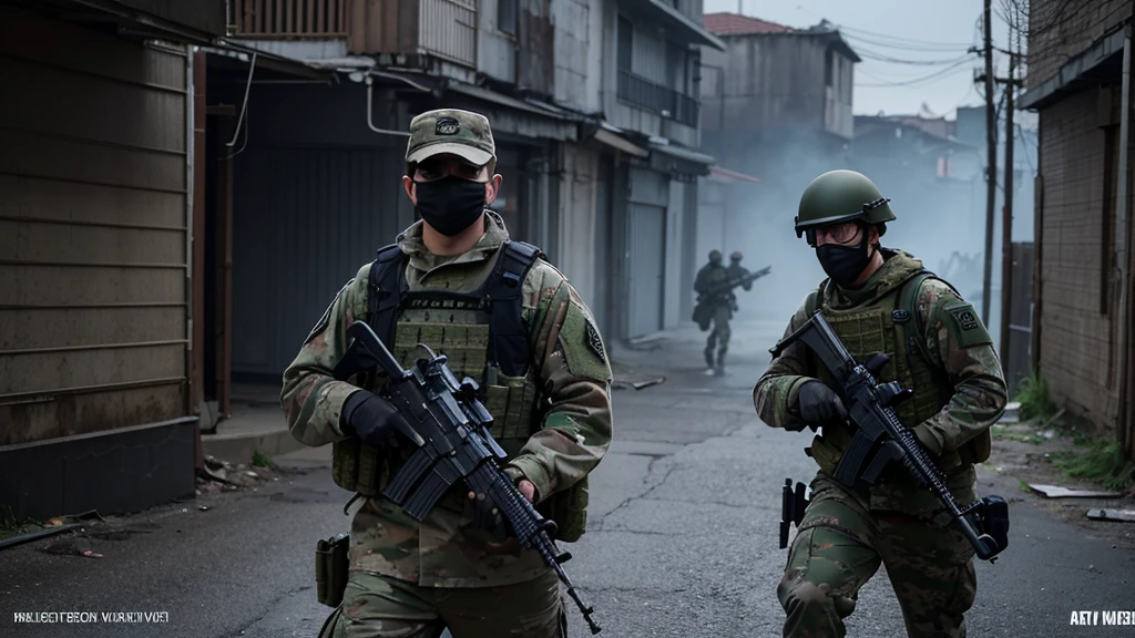 Create a high-resolution 4K image using a realistic engine that depicts a group of soldiers in an intense urban combat scenario, reminiscent of games like Call of Duty: Modern Warfare and Call of Duty: Black Ops. The scene should feature several soldiers equipped with modern military gear, including helmets, night vision goggles, tactical vests, and rifles. The soldiers should be dressed in camouflage uniforms suitable for urban warfare.
Position the soldiers as if they are moving cautiously through a war-torn urban area, with damaged concrete walls and rubble in the background. Some soldiers should be aiming their weapons forward, suggesting they are in the midst of a firefight or preparing for one. The body language and positioning should indicate coordination and training. Ensure that the faces of the characters are not visible, using black masks or other tactical gear to obscure their identities.
The image should be rendered with a night vision effect, displaying the characteristic green hue associated with night vision goggles. Ensure the visual quality is 4K ULTRA HD, with realistic textures and detailed character models. The lighting should be adjusted to reflect the night vision view, with green-tinted highlights and shadows that add depth and a three-dimensional feel to the scene. Include subtle visual effects such as smoke and dust to enhance the chaotic and gritty atmosphere of the urban battlefield. The overall image should have a cinematic and action-packed feel.