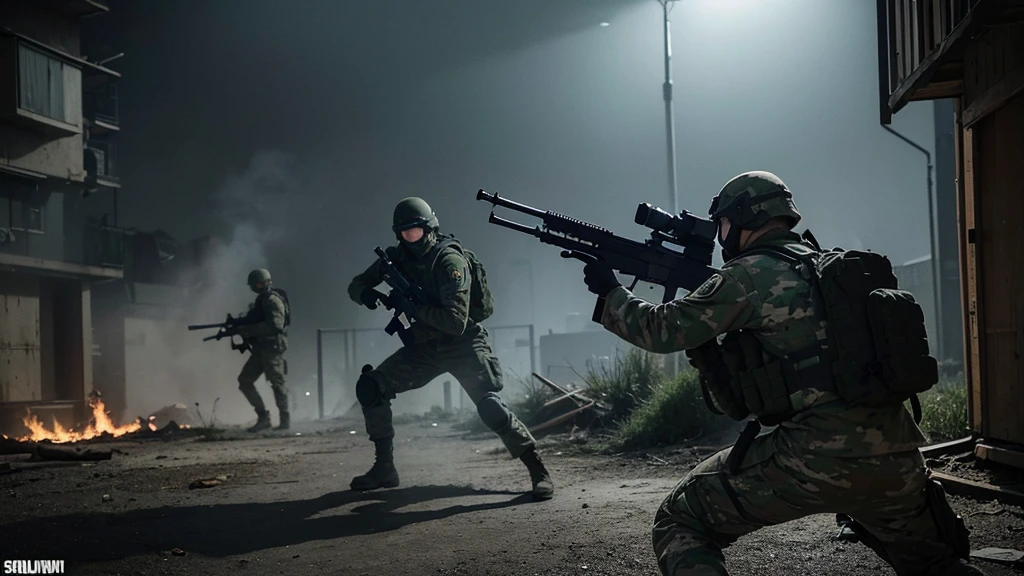 Create a high-resolution 4K image using a realistic engine that depicts a group of soldiers in an intense urban combat scenario, reminiscent of games like Call of Duty: Modern Warfare and Call of Duty: Black Ops. The scene should feature several soldiers equipped with modern military gear, including helmets, night vision goggles, tactical vests, and rifles. The soldiers should be dressed in camouflage uniforms suitable for urban warfare.

Position the soldiers as if they are moving cautiously through a war-torn urban area, with damaged concrete walls and rubble in the background. Some soldiers should be aiming their weapons forward, suggesting they are in the midst of a firefight or preparing for one. The body language and positioning should indicate coordination and training. Ensure that the faces of the characters are not visible, using black masks or other tactical gear to obscure their identities.

The image should be rendered with a night vision effect, displaying the characteristic green hue associated with night vision goggles. Ensure the visual quality is 4K ULTRA HD, with realistic textures and detailed character models. The lighting should be adjusted to reflect the night vision view, with green-tinted highlights and shadows that add depth and a three-dimensional feel to the scene. Include subtle visual effects such as smoke and dust to enhance the chaotic and gritty atmosphere of the urban battlefield. The overall image should have a cinematic and action-packed feel.