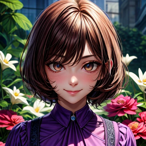 1girl, cutegirl, mature female, adult women, standing in a gigantic flower garden, oversized objects, gigantic flowers, {{{dark brown hair}}}, {{{Golden eyes}}}, {{purple dress}} purple clothes, small smile, {best quality.}, {highres masterpiece.}, 16k {{{medium close up}}}, {facing viewer}