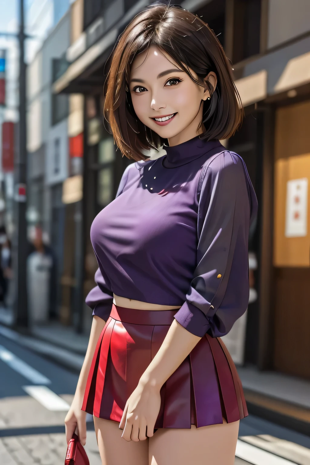 (Photorealistic:1.4), (Very detailed), (Highest quality), (Best Shadow), (masterpiece), Ultra-high resolution, 1 The Ultimate Beautiful Mature Woman, Very detailed顔, (Perfect Teeth), Beautiful Eyes, double eyelid, eyelash, Lip details, Short black hair, (Light purple blouse:1.2), (Red tight mini skirt:1.3), Light pink panties, (Big Breasts), smile, Thighs, Written boundary depth, Perfect lighting, With background: (Tokyo Ginza Street)